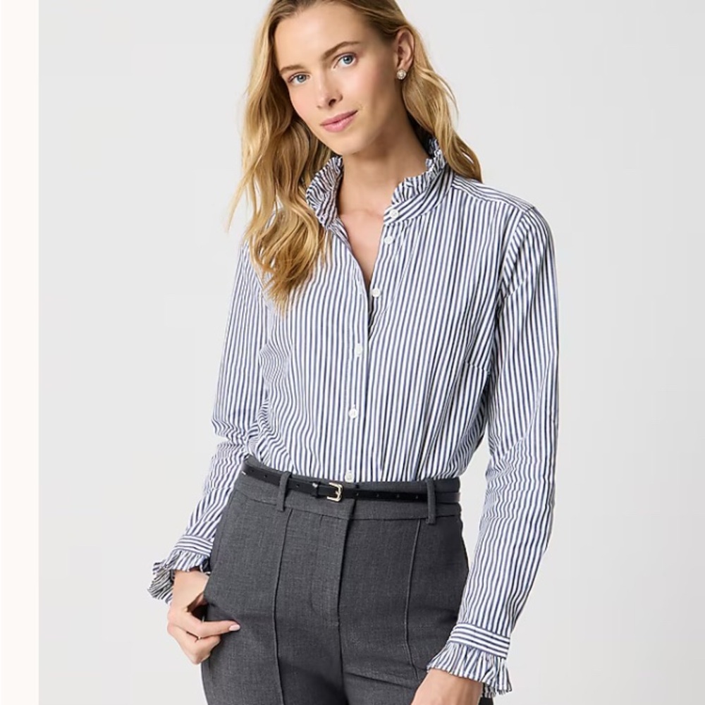J Crew Blue Striped Shirt with Ruffle Detail